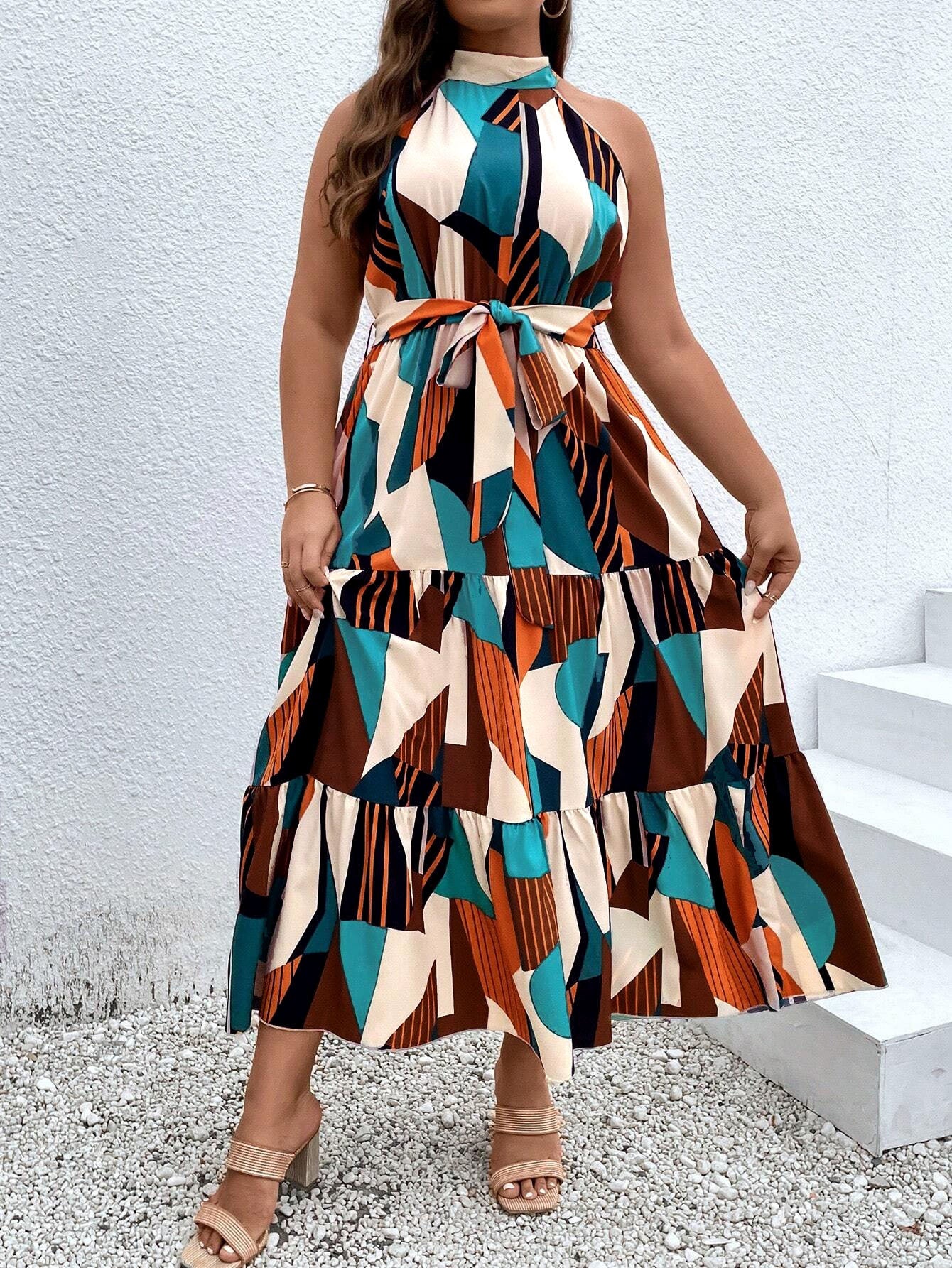Plus Size Women's Bohemian Sleeveless High-Neck Geometric Print Color Block Tie-Waist Dress
