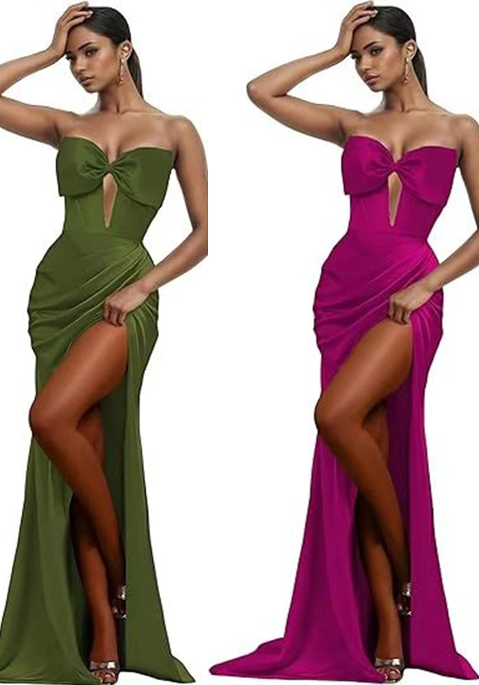 Sexy Hollow Strapless Long Solid Color Slit Prom Evening Dress（Processing time need 3-6 days）