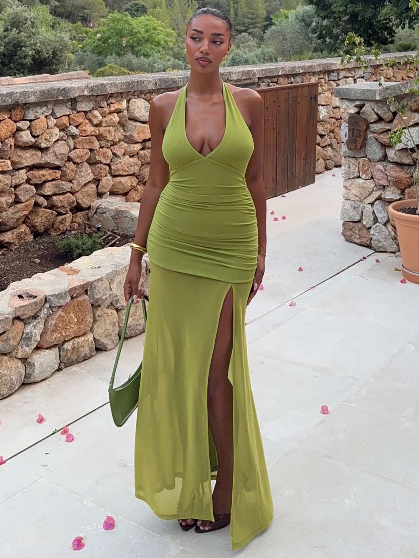 Women Sexy V-Neck Pleated Long Mesh Slit Halter Neck Dress 4