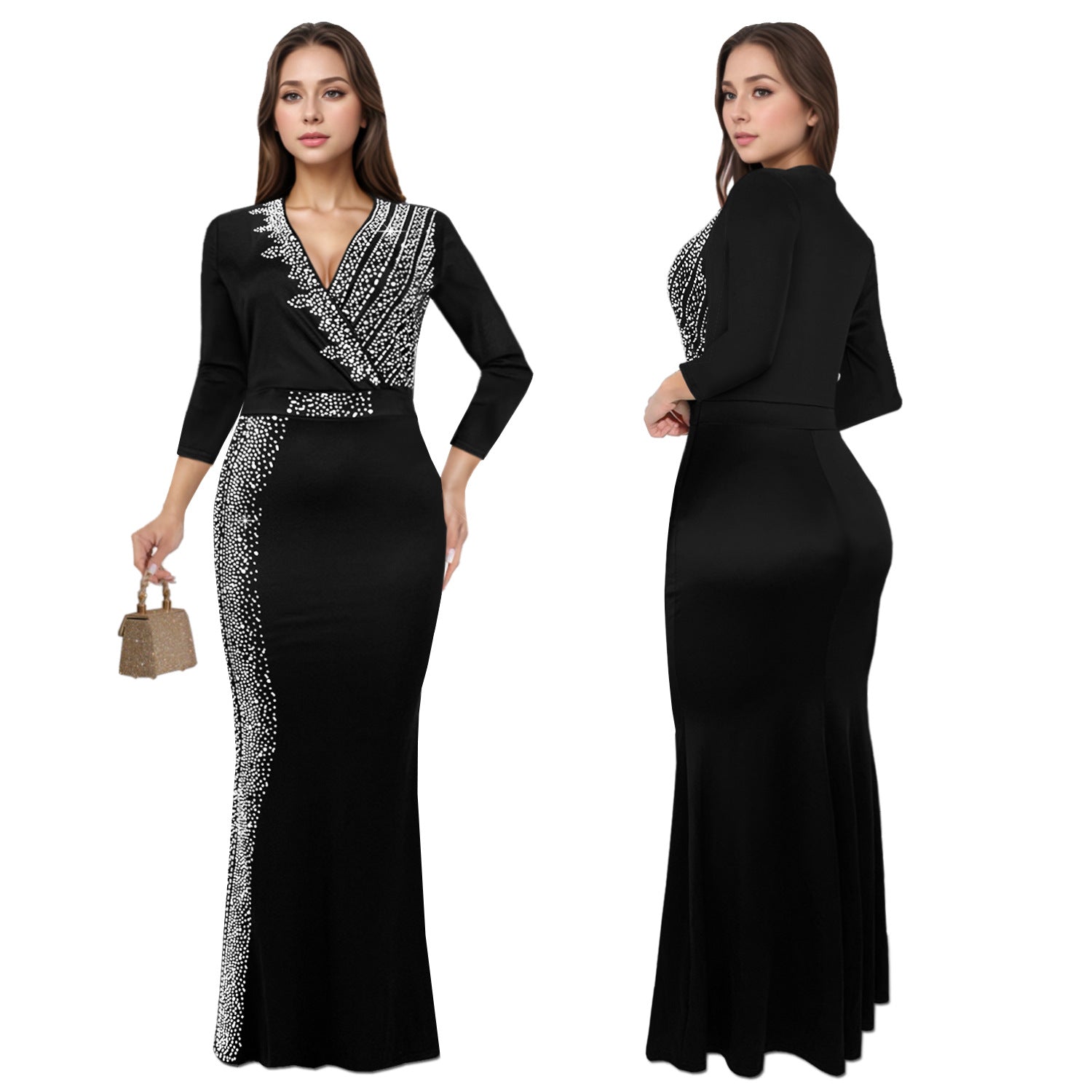 Women's Chic Elegant Beaded Half Sleeve V-Neck Fashionable Dress 9