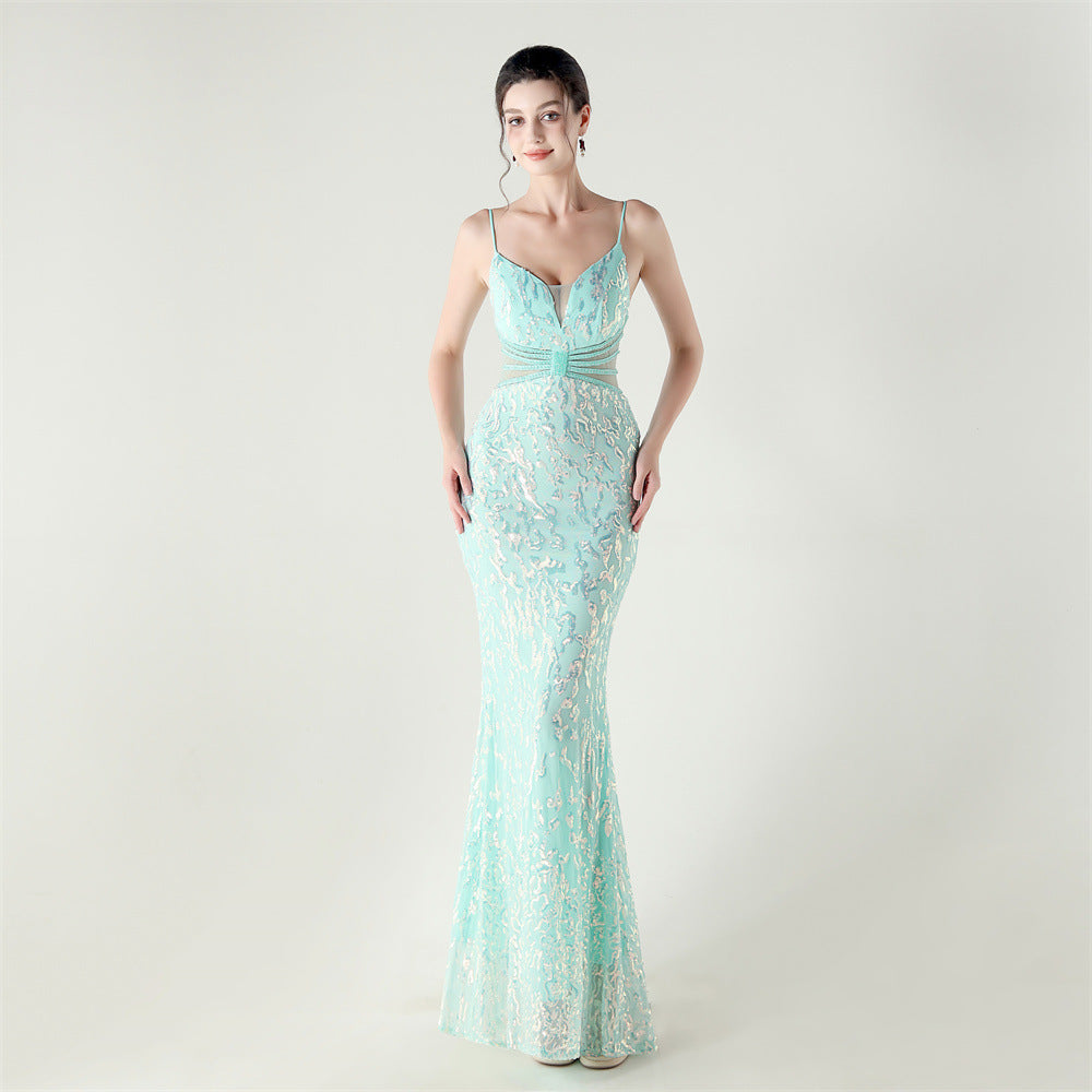 Women clothing V Neck sequins beaded hollow mesh off-shoulder Formal Party evening dress 23