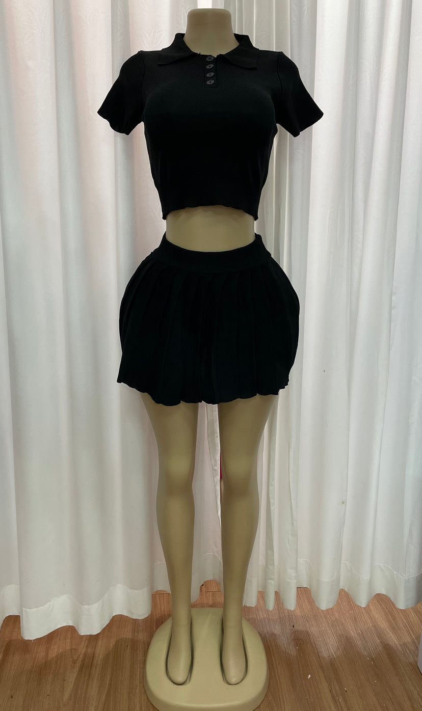 Women's Fashion Summer Knitting Turndown Collar Short Sleeve Top Pleated Skirt Two-Piece Set 5