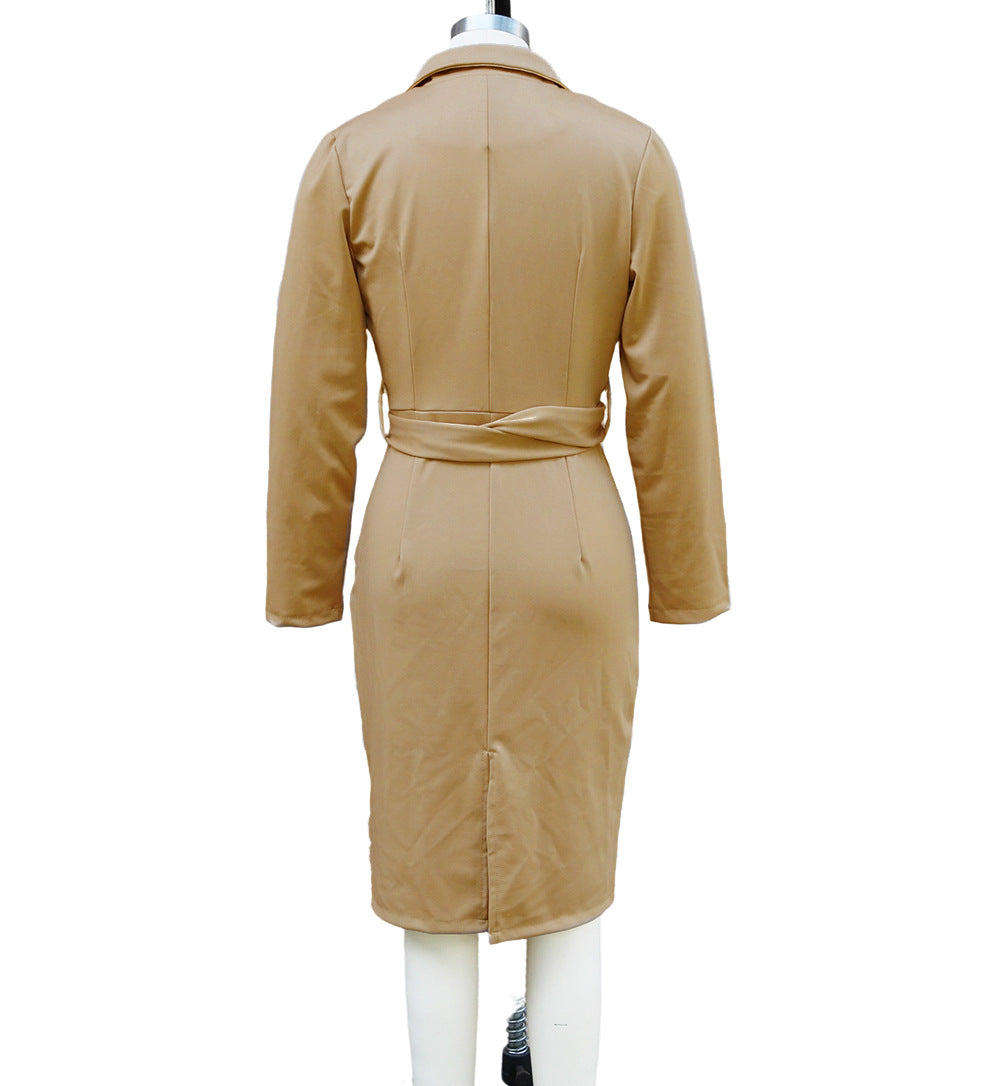 Women's Autumn Chic Turndown Collar High-Waisted Belted Office Dress 13