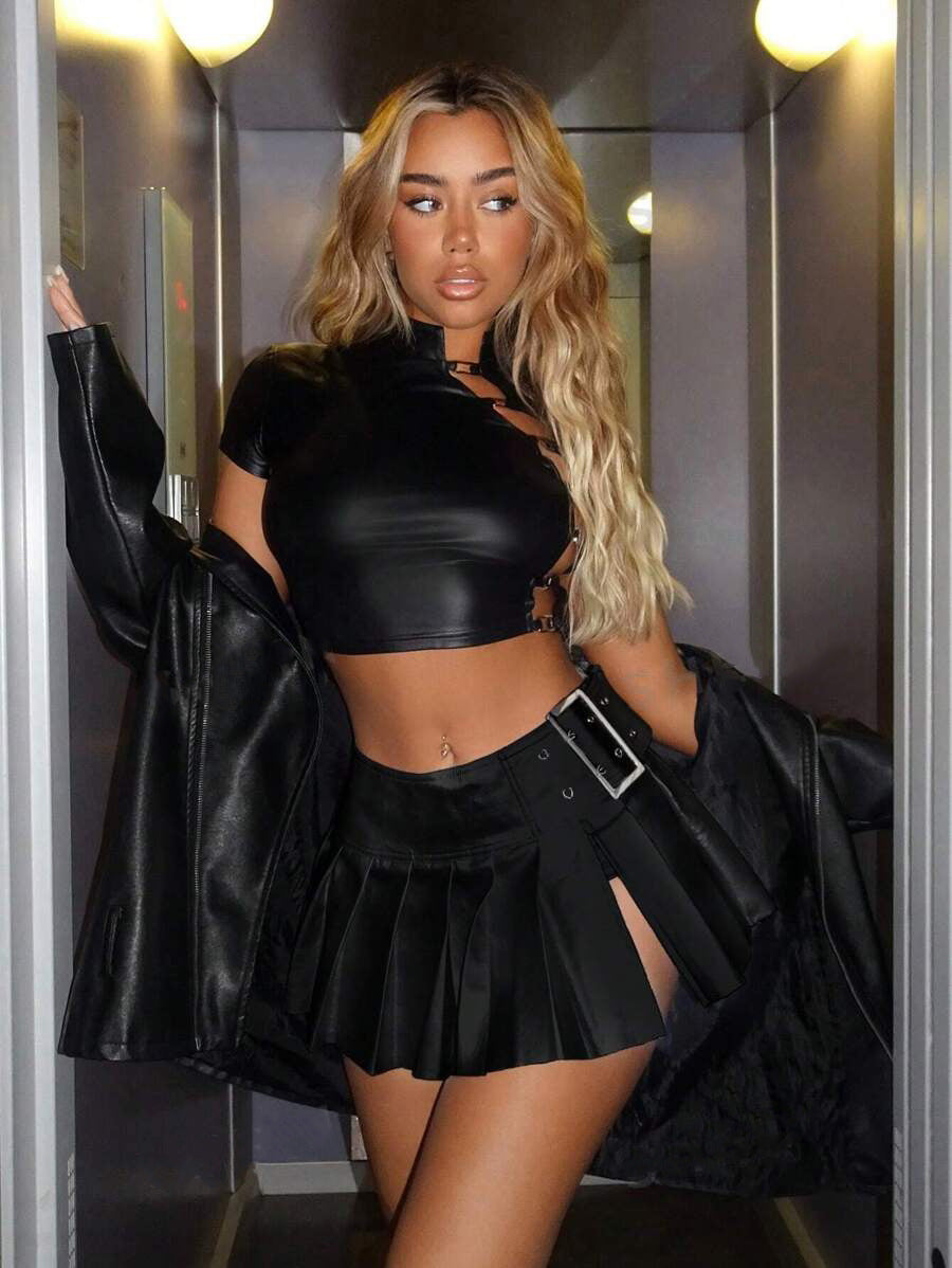 Women's Solid A-Line Pleated Sexy Fashion Mini Pu Leather Skirt 9