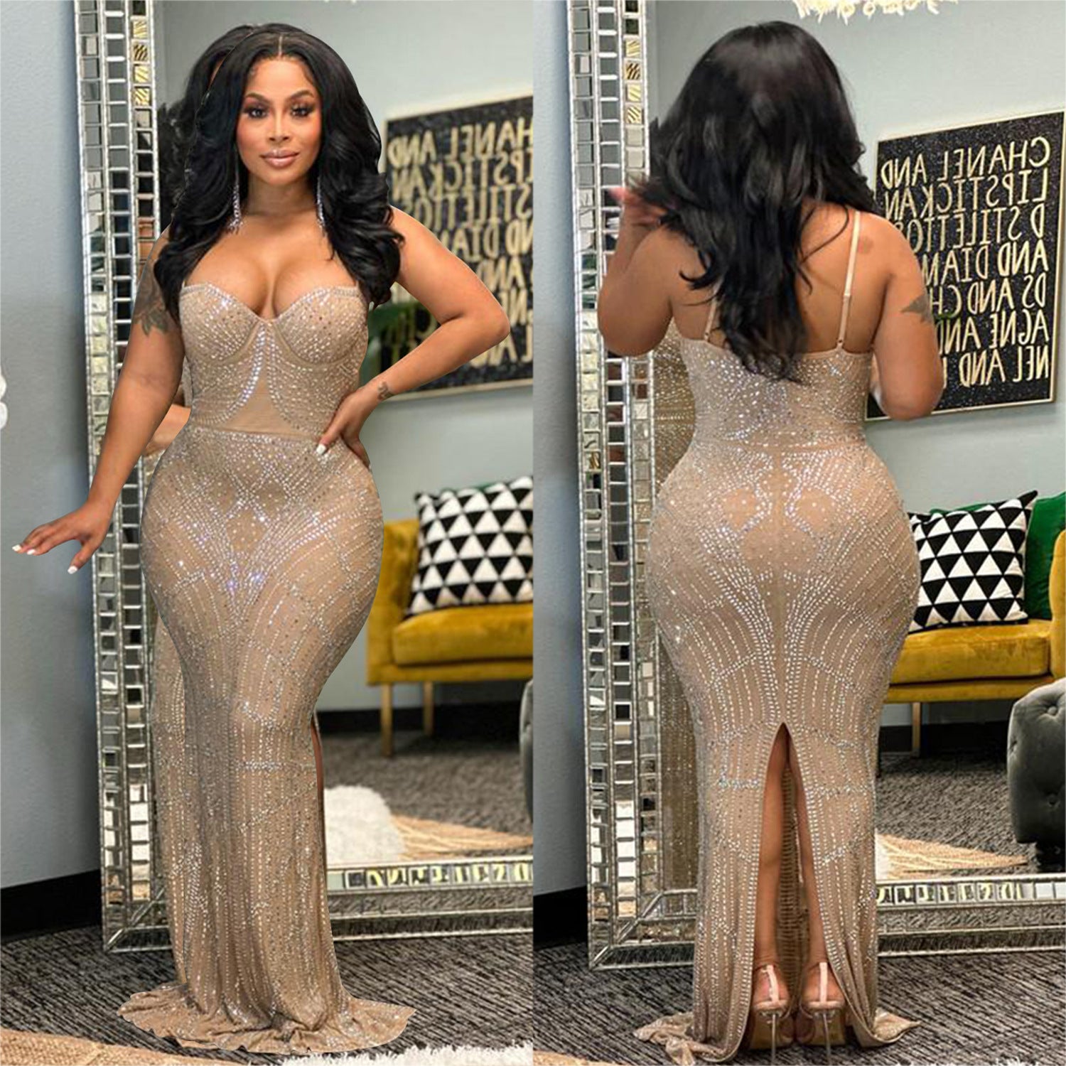 Women Solid Beaded Mesh Sleeveless Maxi Dress 5