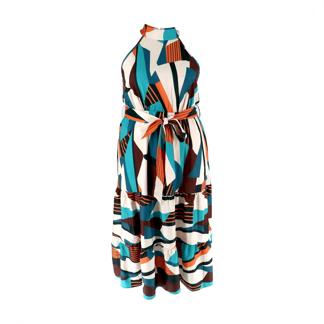 Plus Size Women's Bohemian Sleeveless High-Neck Geometric Print Color Block Tie-Waist Dress 3