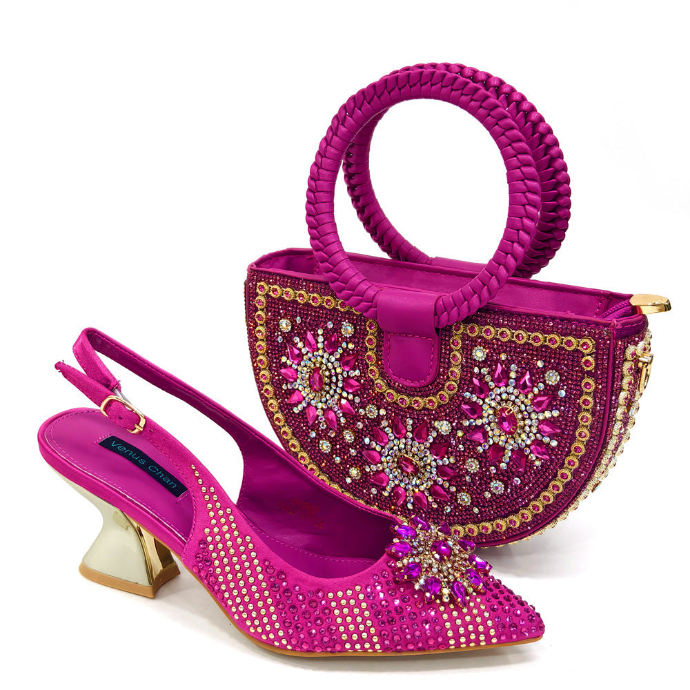 Popular Shoe And Bag Set Combination Women's Pointed Toe Sandals Crystal Buckles Wrist Braided Bag 14