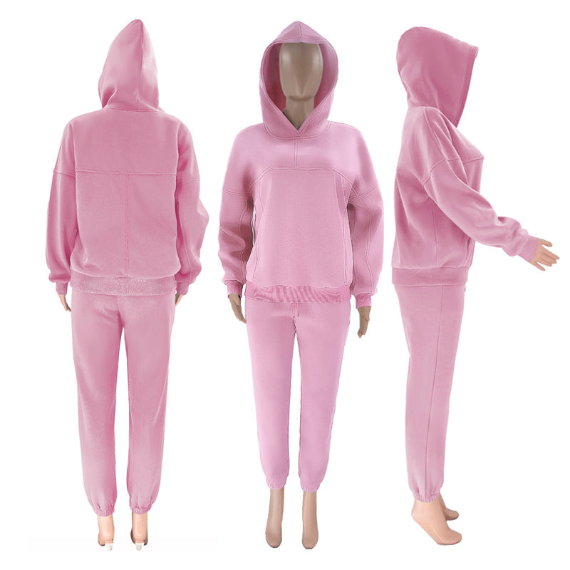 Women Solid Hoodies and Pant Casual Two-piece Set 23