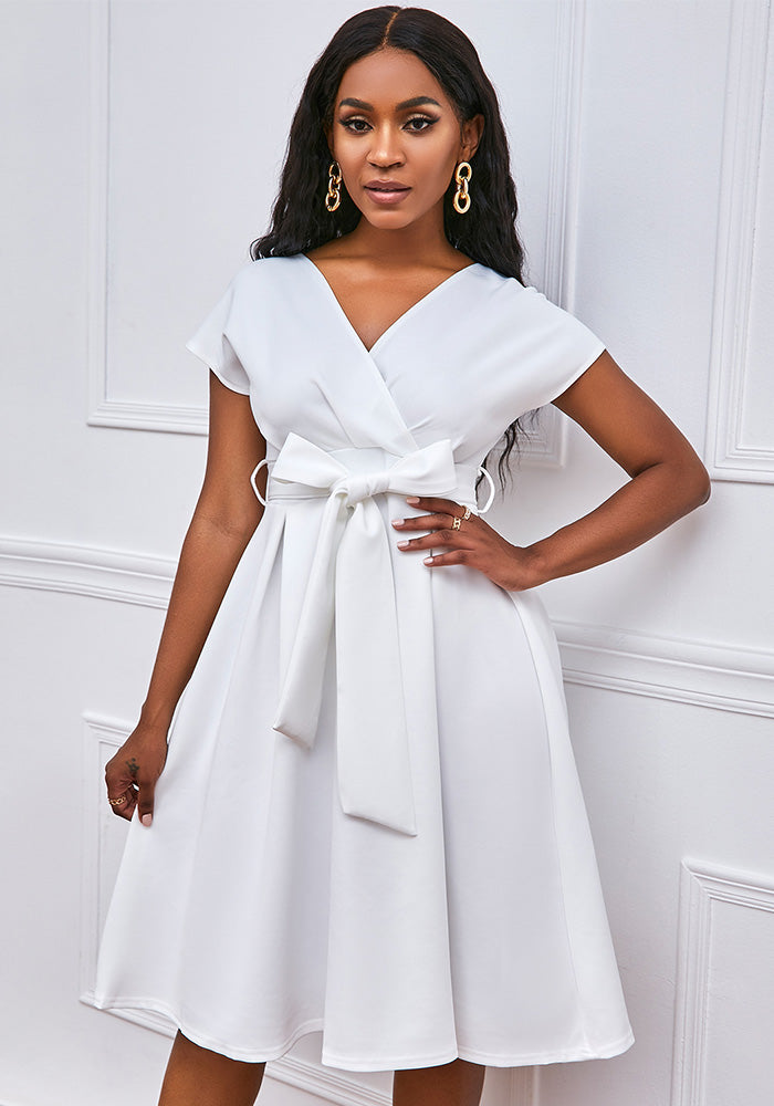 Summer V-Neck Solid Color Slim Waist Bow Lace-Up A-Line Dress