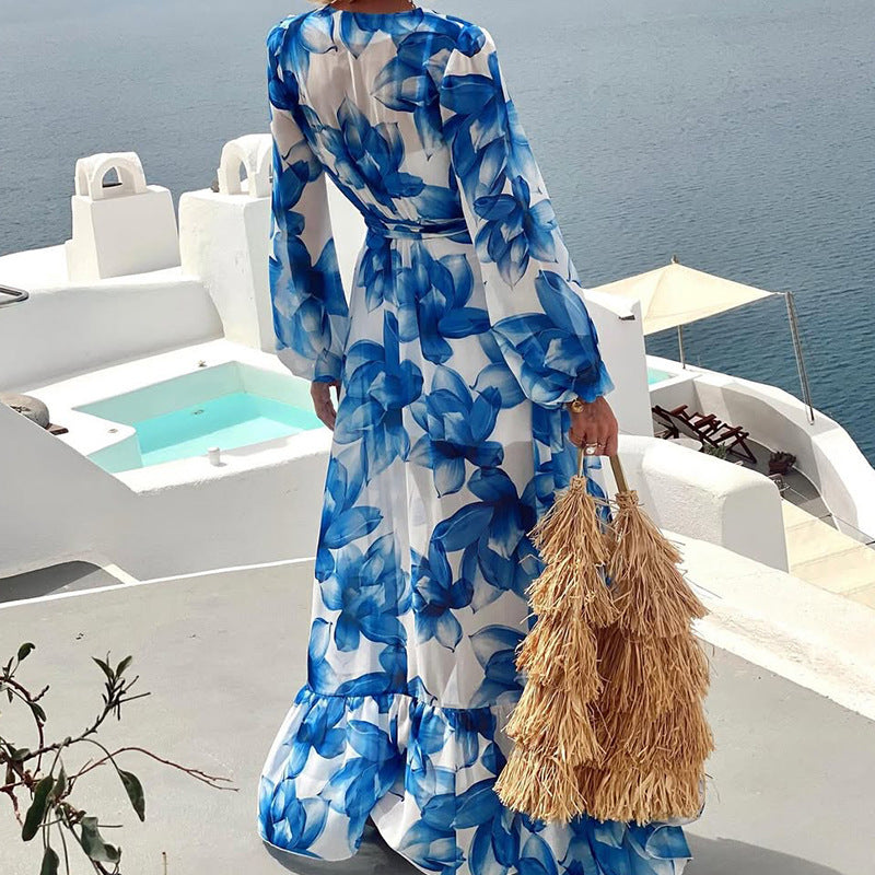 Women Fall Long-Sleeved Printed Holiday Beach Dress 5