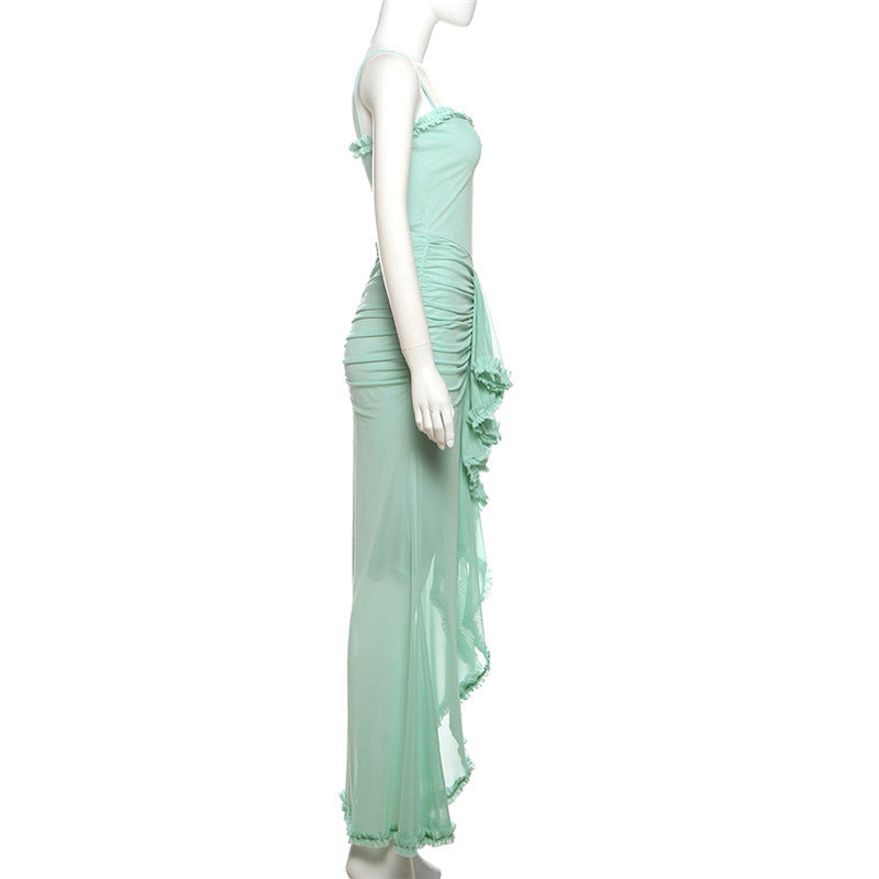 Women Sexy Backless Mesh Suspender Solid Dress 34