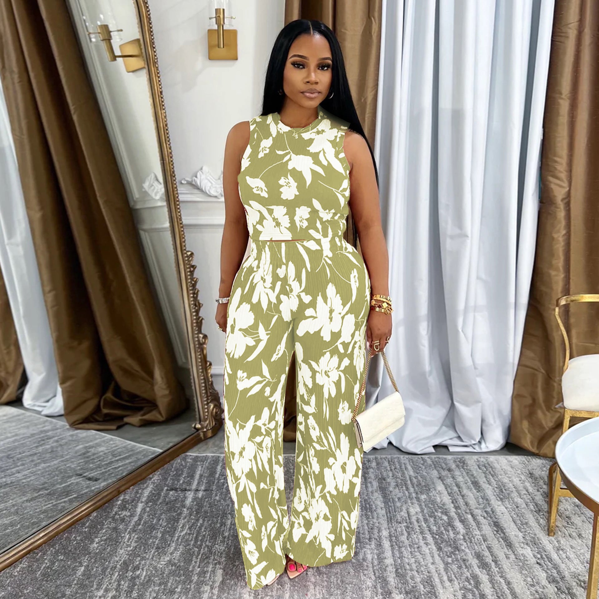 Women Floral Printed Sleeveless Vest and Pants Two-piece Set 7