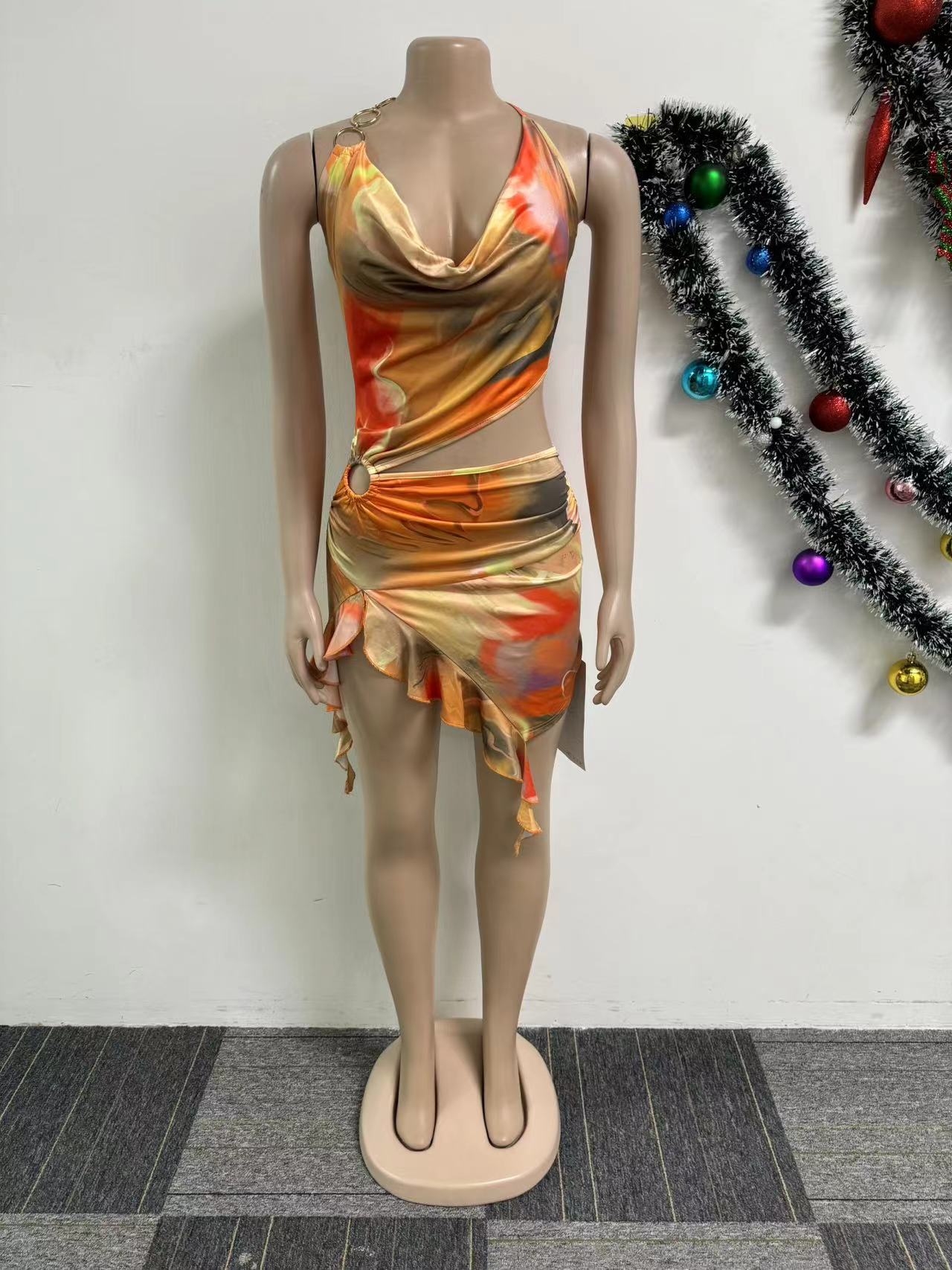 Women Sexy Printed Hollow Backless Halter Neck Lace Dress 7