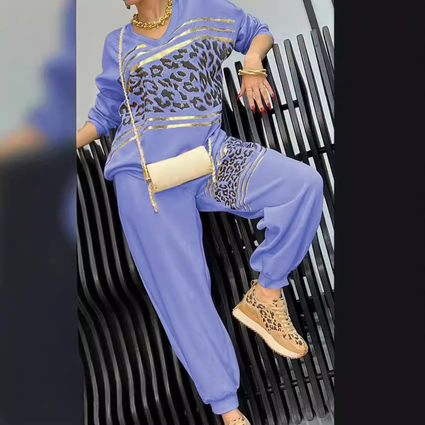 Women autumn and winter leopard print Patchwork Top and Pant two-piece set 8