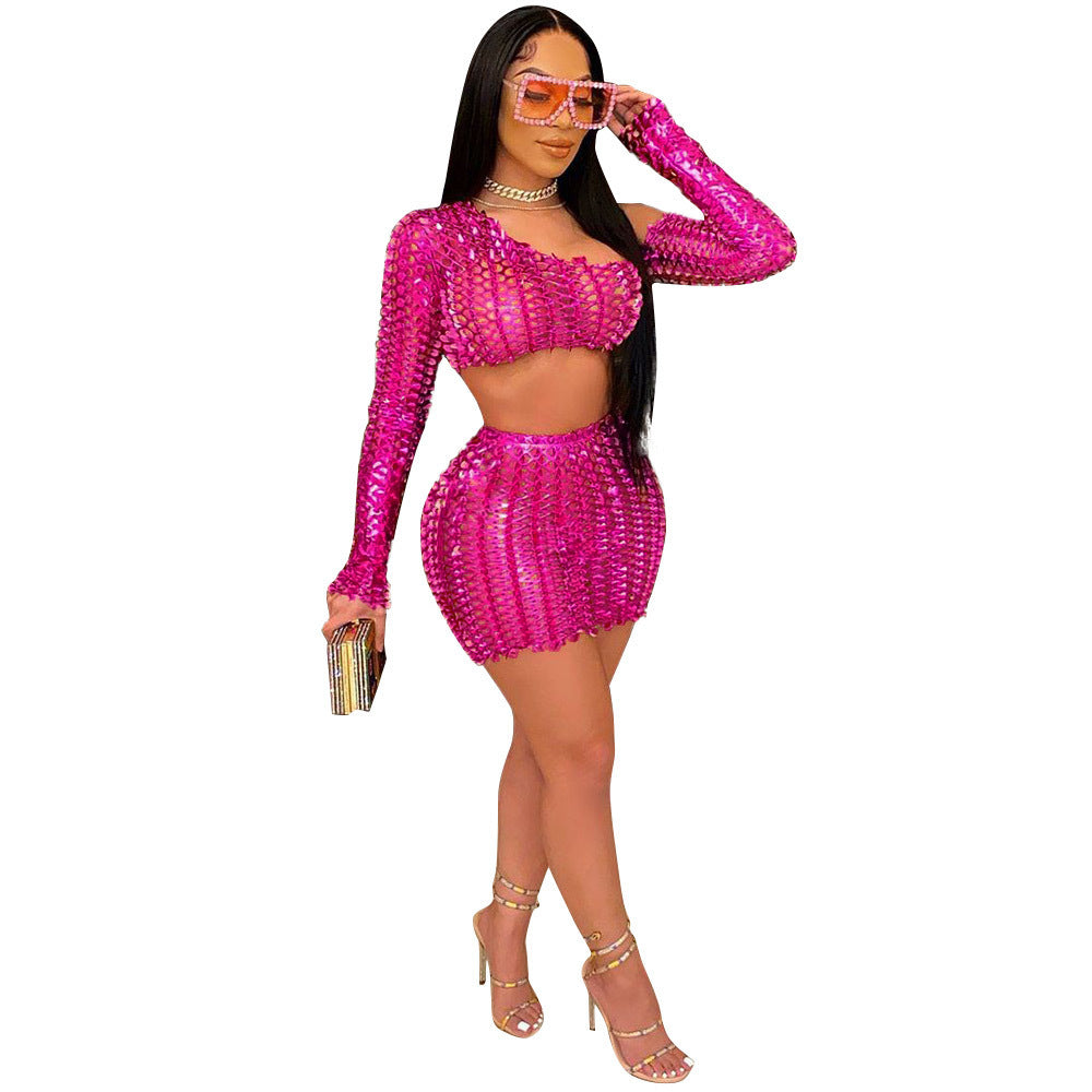 Women Sexy Mesh Hollow Hollow Long Sleeve Crop Top + Skirt Two Piece Set 8