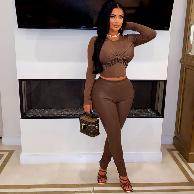 Women long sleeve stretchy pu Leather Top And PantTwo Piece Set 4