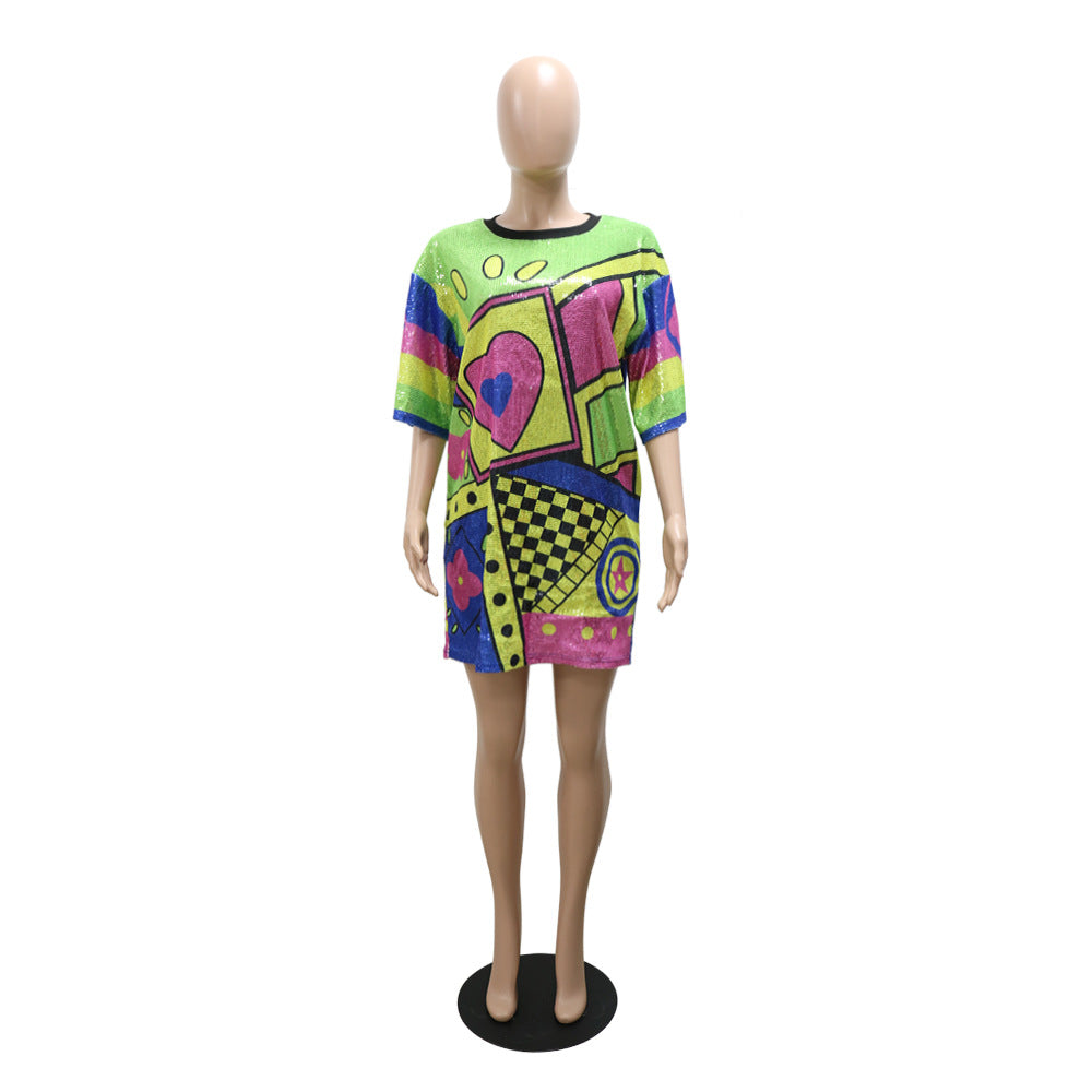 Trendy Round Neck Half Sleeve Loose Sequin Print Party Sequined Nightclub Style Women's Dress 20