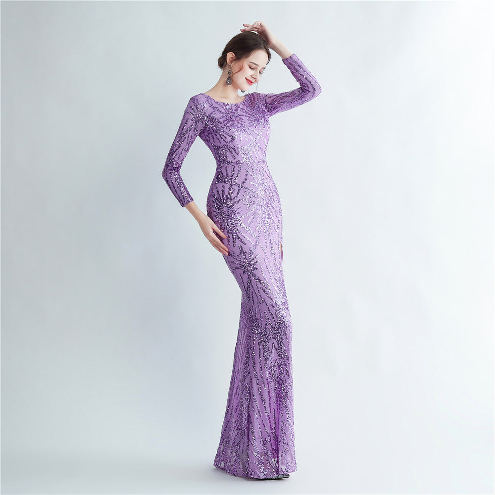 Women Sequin Long Sleeve Slit Evening Dress 15