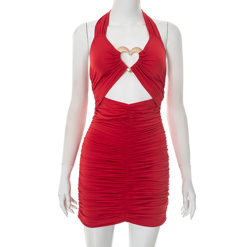 Women’s Heart Print Metal Embellished Halter Neck Low Back Cutout Bodycon Mini Dress 6