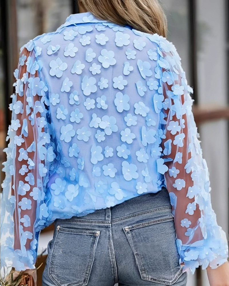 Women's Light Blue Floral See-Through Mesh Lantern Sleeve Shirt 6