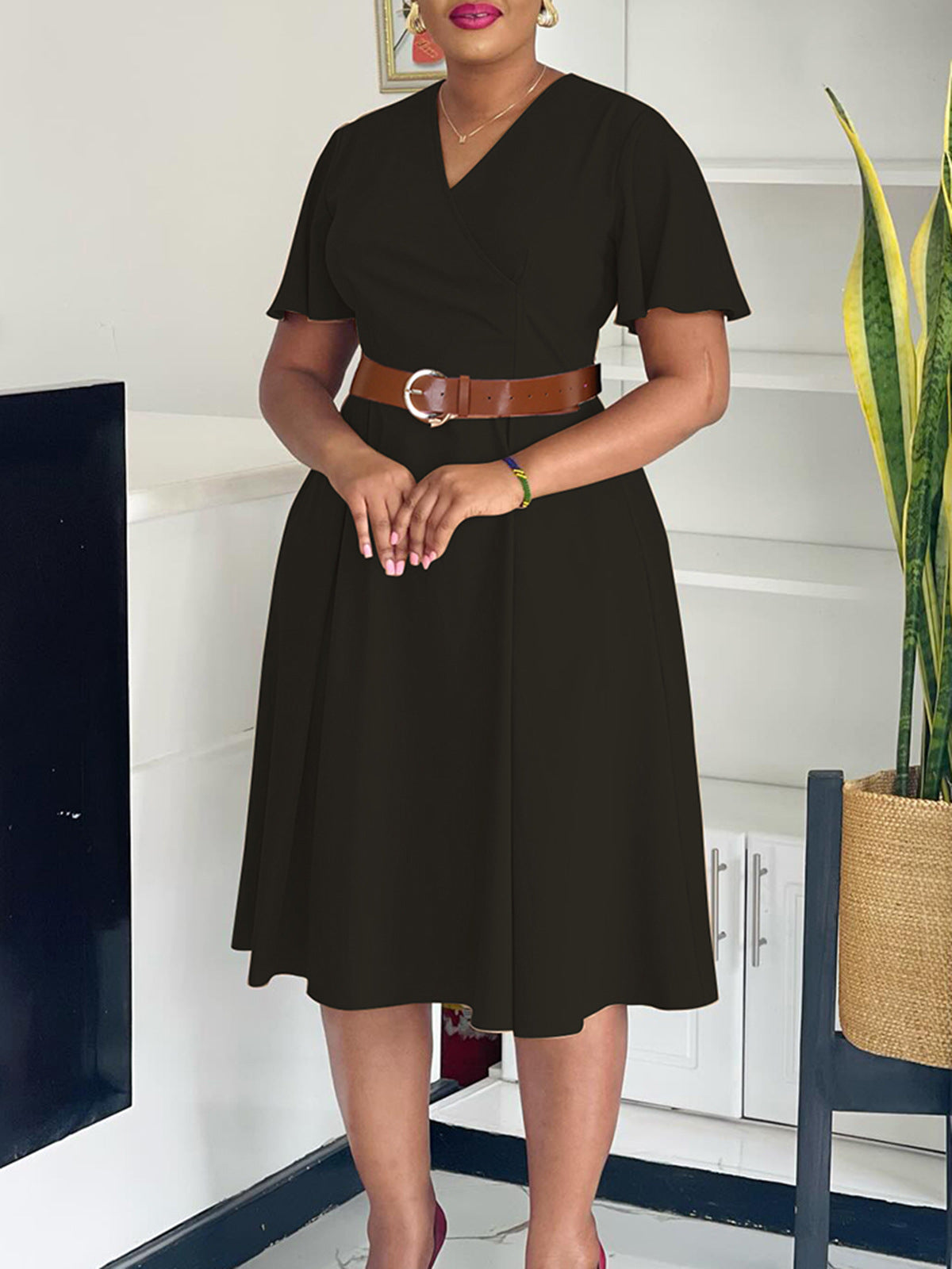 Plus Size Women Elegant Solid V-Neck Bell Bottom Sleeve African Dress 8