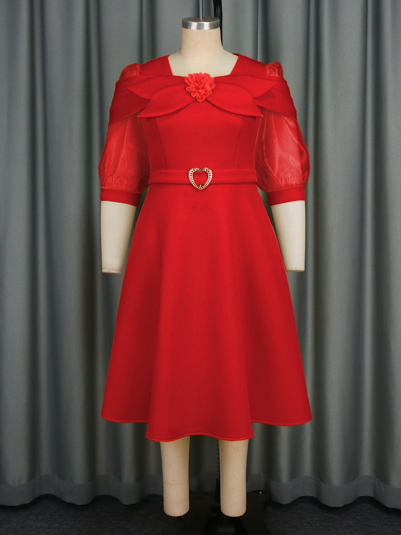 Women bow party puff sleeve Dresses 8