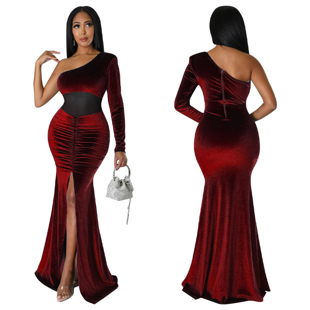Women'S Fall/Winter Slash Shoulder Ruched Slit Solid Color Mermaid Dress 7