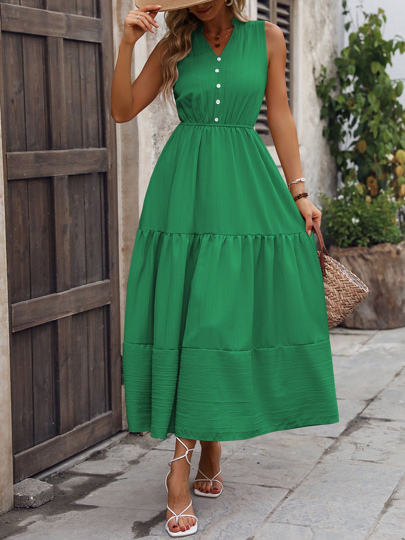 Women V-Neck Summer Sleeveless Patchwork Stand Collar Dress 4
