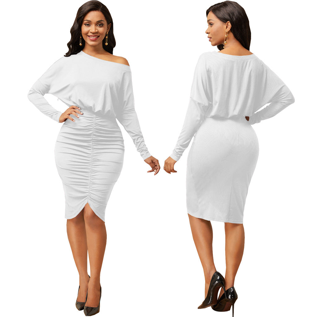 Sexy Fashion Solid Color Slash Shoulder Wrinkled Women's Dress 17