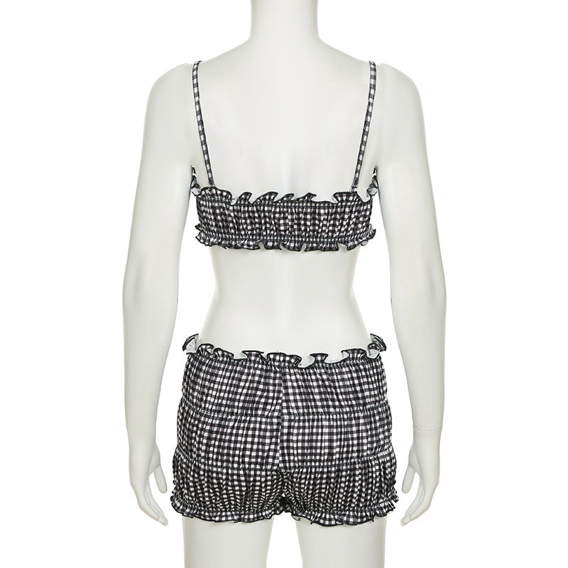 Women Summer Holidays Plaid Suspender Top Shorts Swimwear  Two-piece Set 11