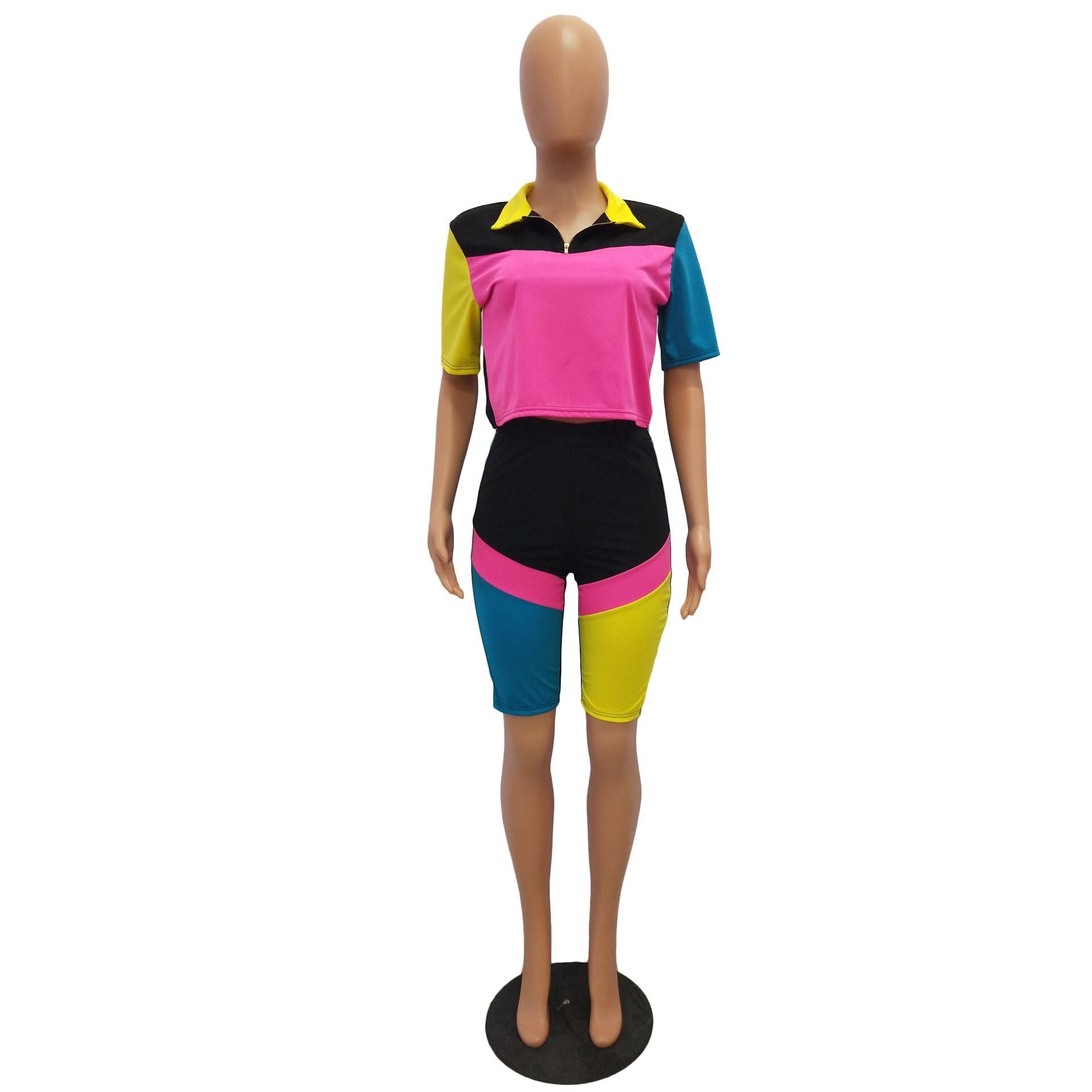 Fashion Contrast Color Casual Short Sleeve Knee-Length Two Piece Shorts Set 8