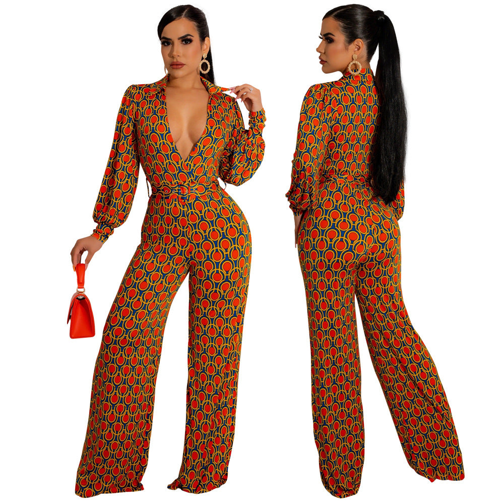 Women'S Winter Casual Fashion Print Deep V Neck Jumpsuit 8
