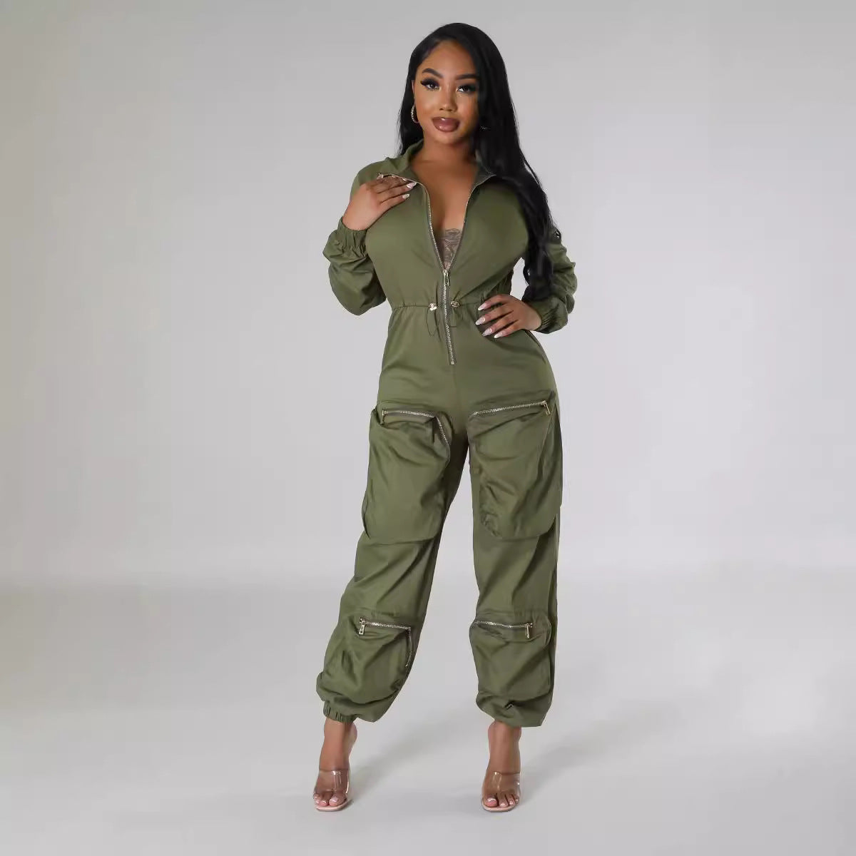 Women Long Sleeve Zipper Multi-pocket Jumpsuit 3
