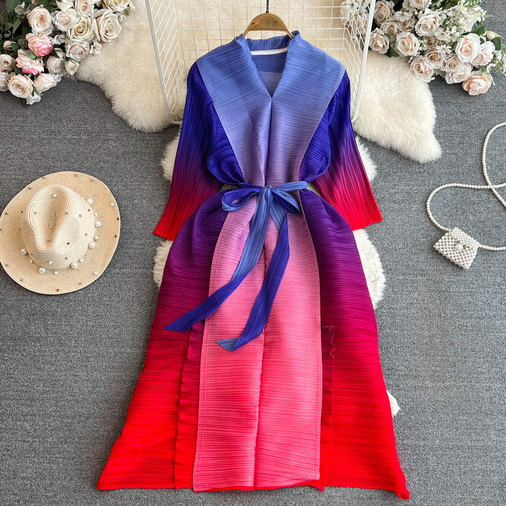 Women Pleated Long Sleeve Turndown Collar Lace-up Gradient Dress 3