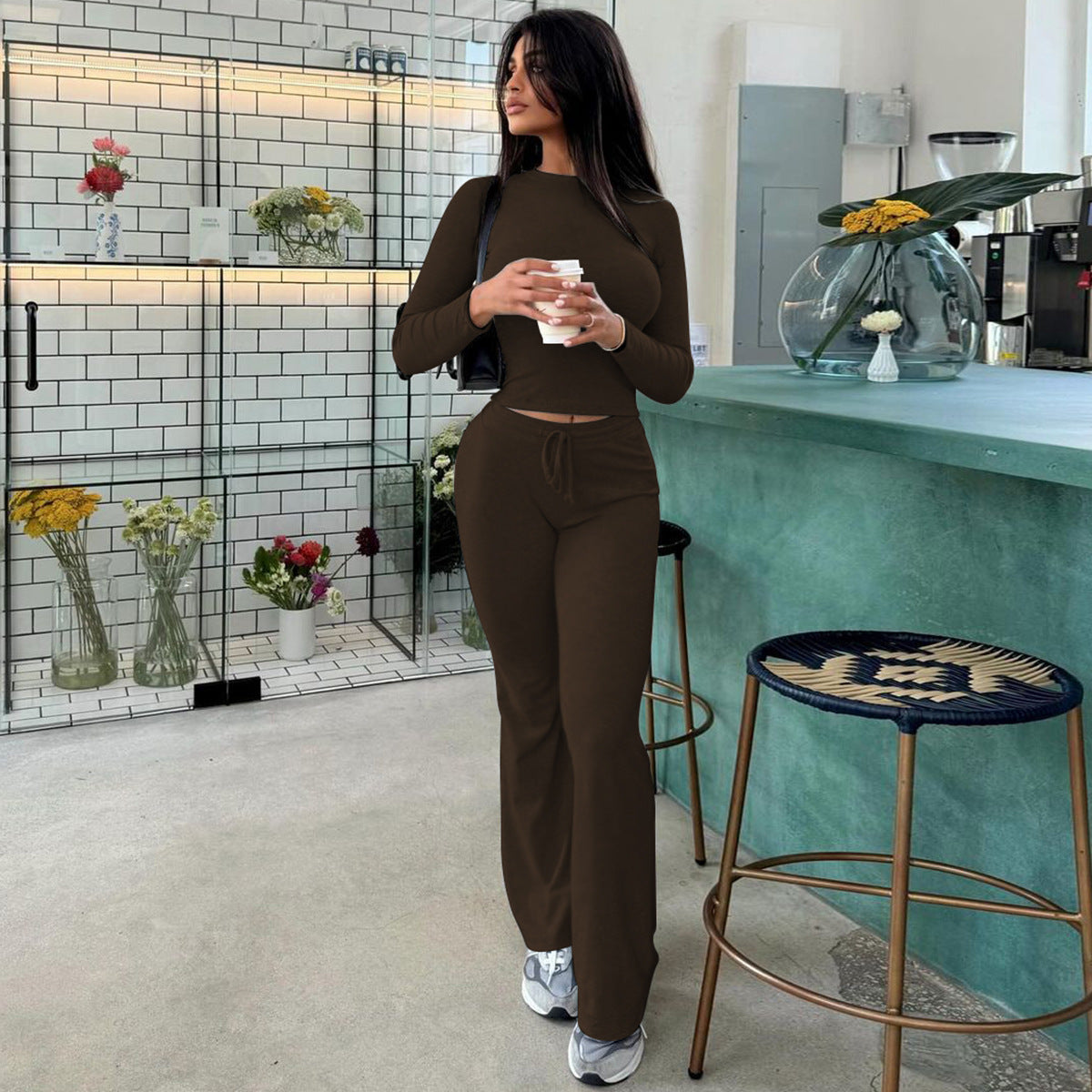 Women Autumn and Winter Crop Long Sleeve Top Lace Bell Bottom PantTwo Piece Set 15