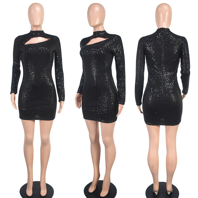 Women Long Sleeve Hollow Out Sequin Bodycon Dress 7