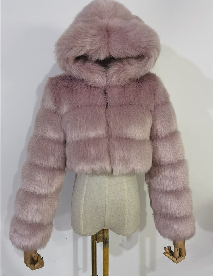 Fur Coat Cropped Hooded Faux Fur Coat Long Sleeve Patchwork Women's Coat 59