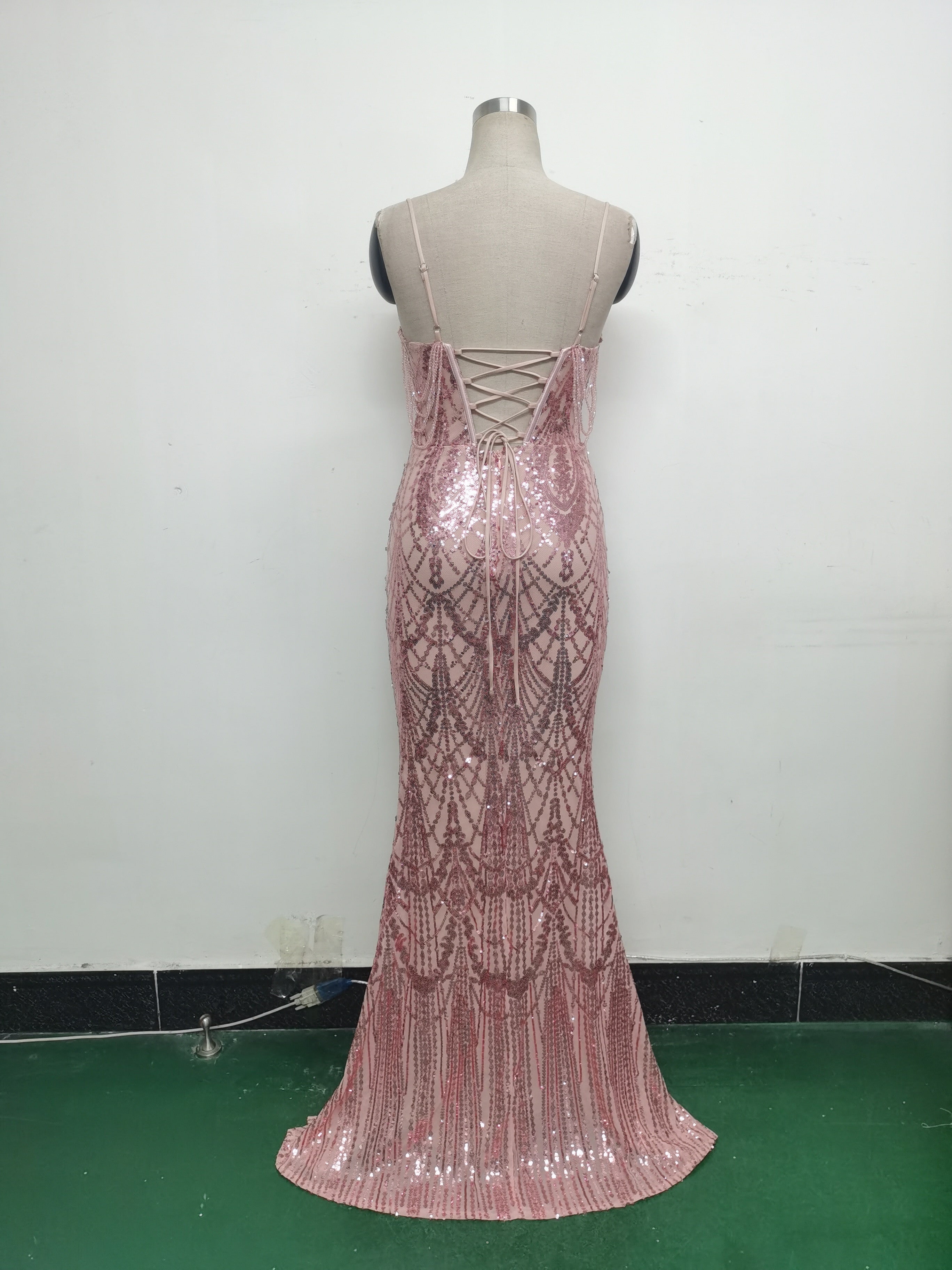 Women beaded sequin fishbone Lace-Up See-Through evening dress 40