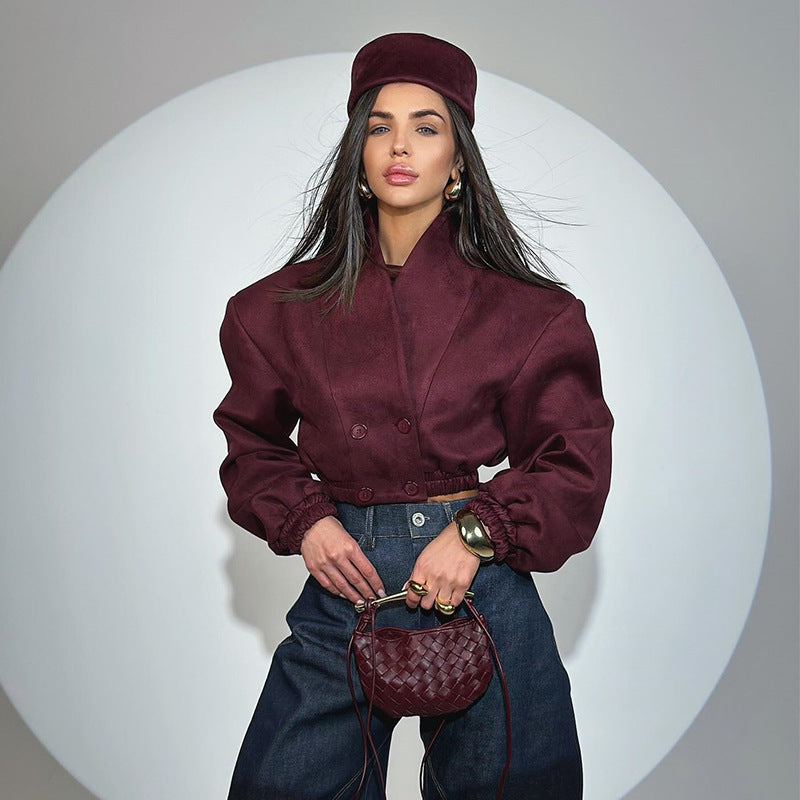 Women Spring Burgunry V-neck Long Sleeve Crop Jacket 3