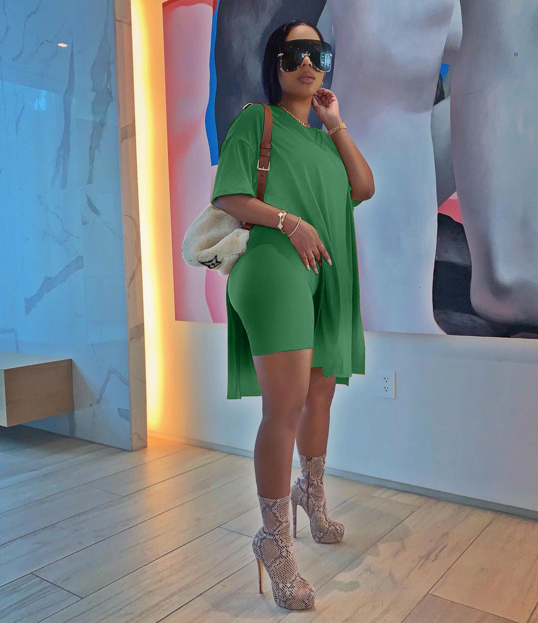 Women Summer Solid Slit Short Sleeve Top and Shorts Two-piece Set 10