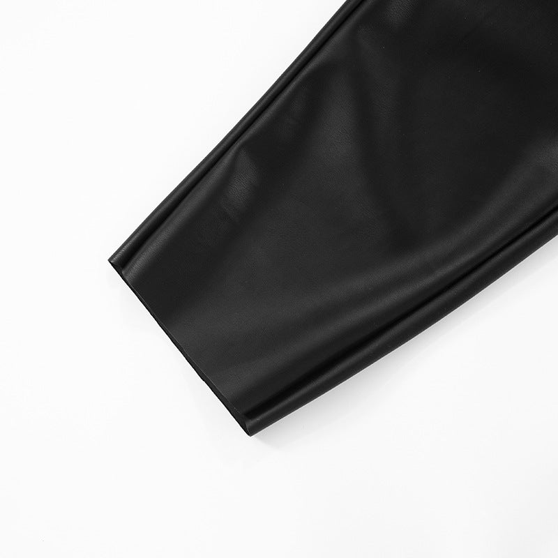 Women Sexy Solid Pu-Leather Halter Neck Backless Top and Pants Two-Piece Set 32