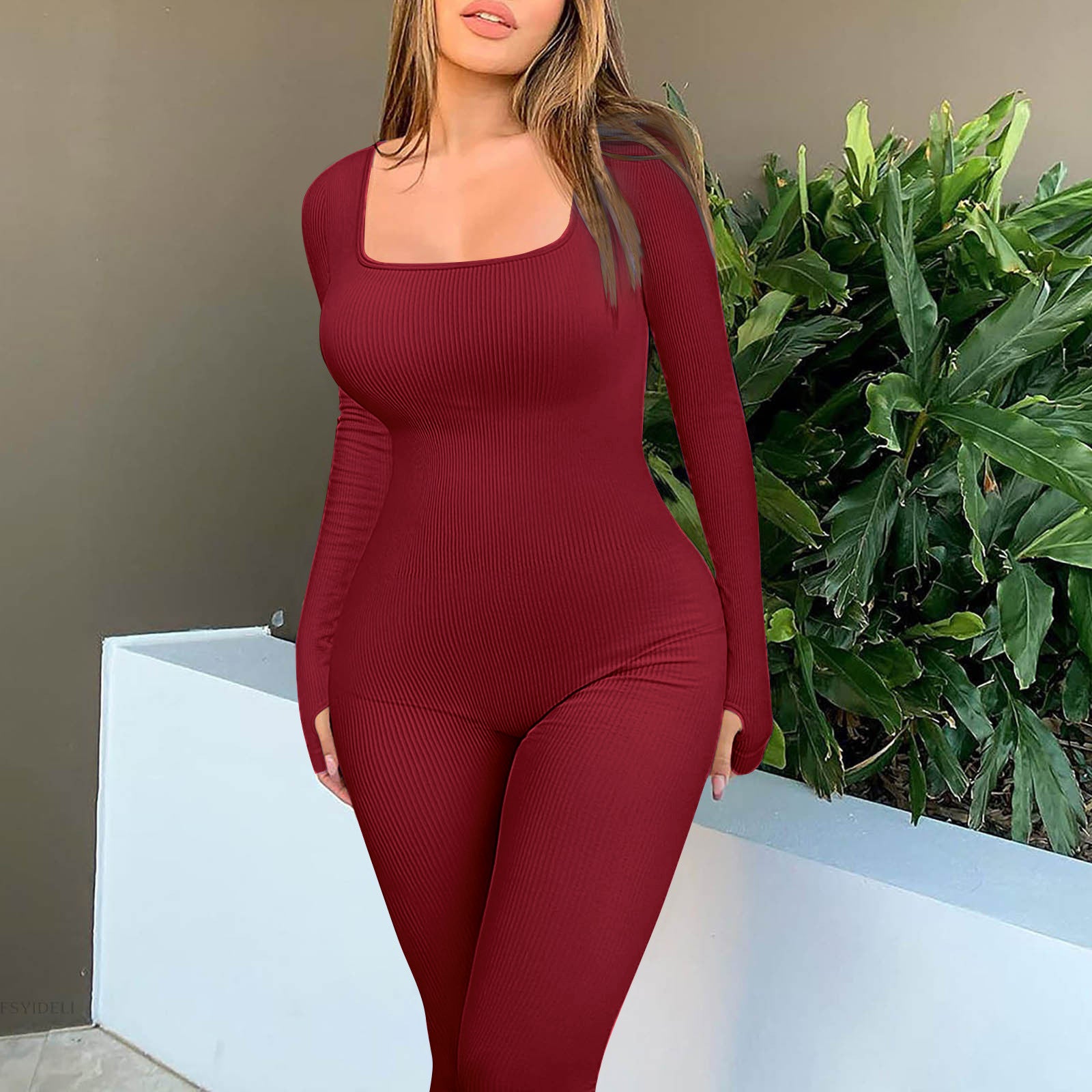 Women's Solid Color Long Sleeve Ribbed Square Neck Low Back Slim Fit Jumpsuit 17