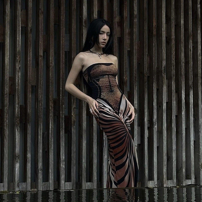 Women sexy Strapless Backless Print Maxi Dress 10