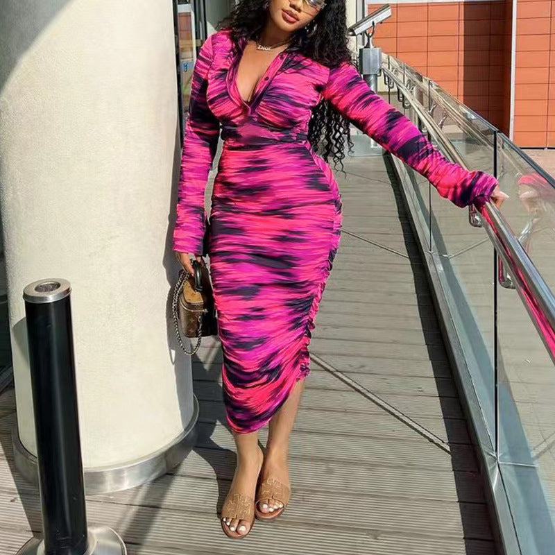 Women's Spring And Summer Printed Fashion Casual Pleated Long Sleeve Slim Chic Long Dress 3