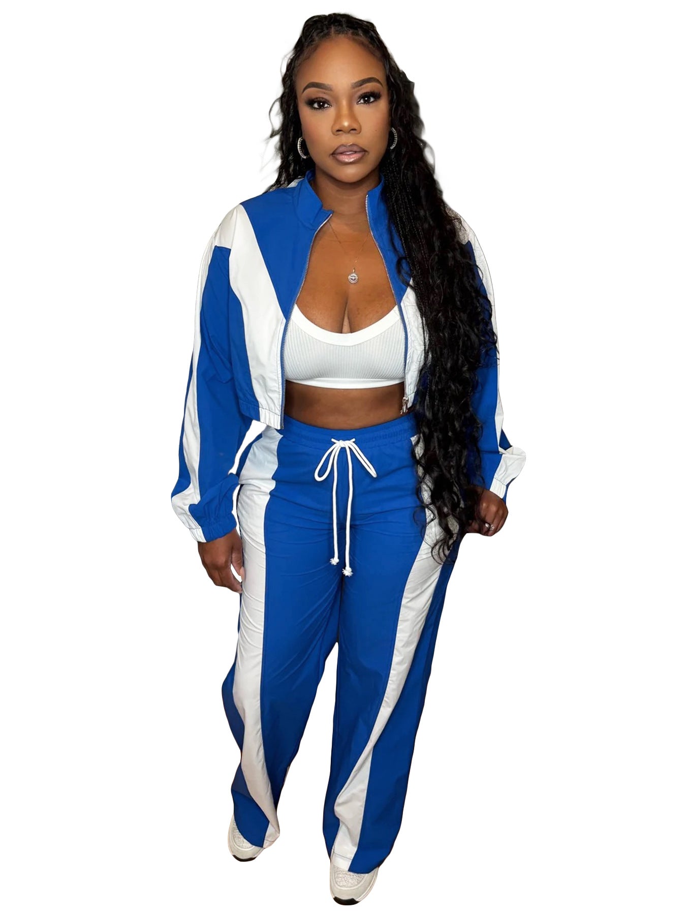 Women's Fashion Color-Blocking Zipper Cardigan Wide-Leg Drawstring Sport Pants Two-Piece Set 13