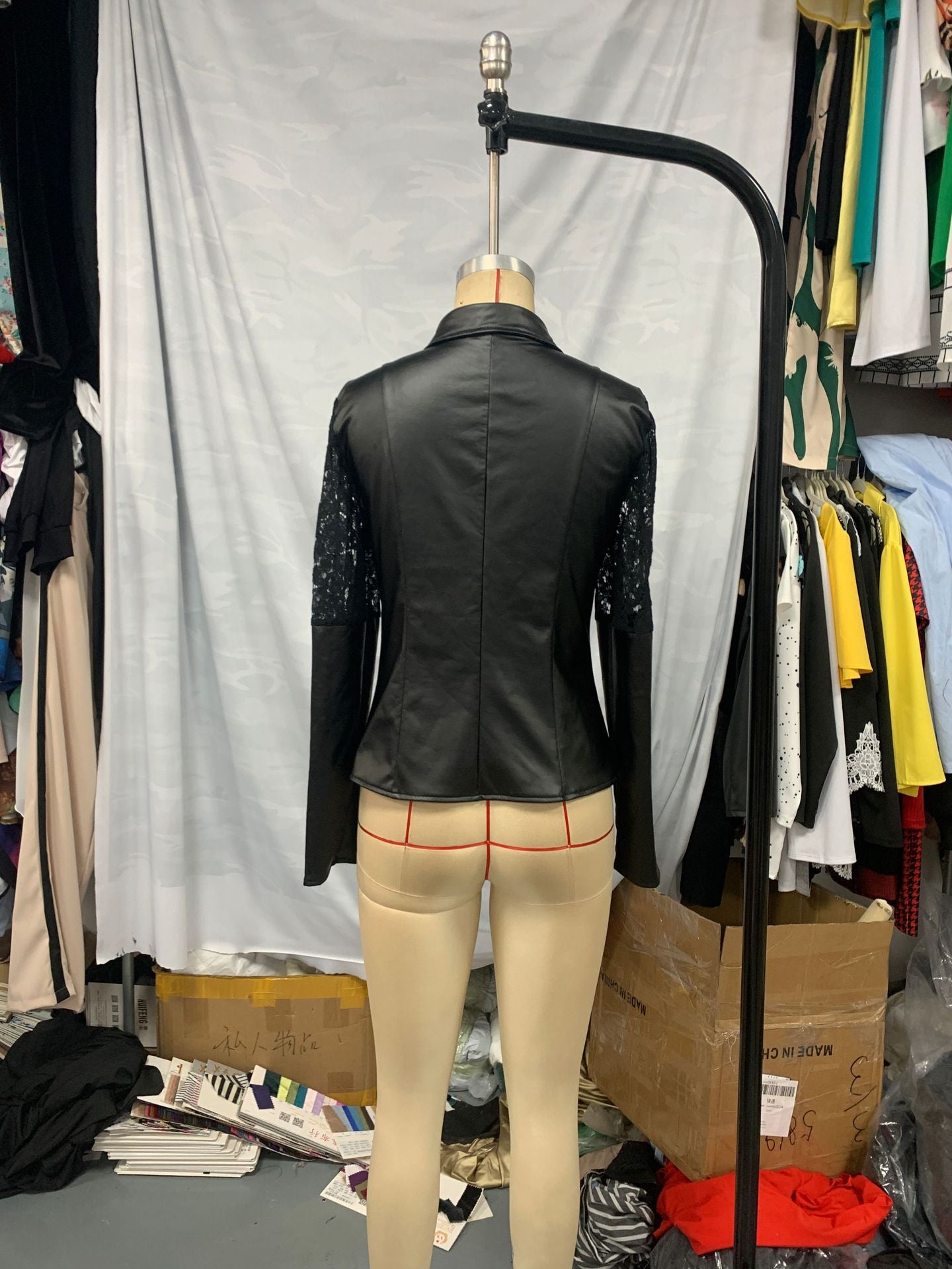 Women sexy black lace patchwork Pu-Leather Top shirt 5