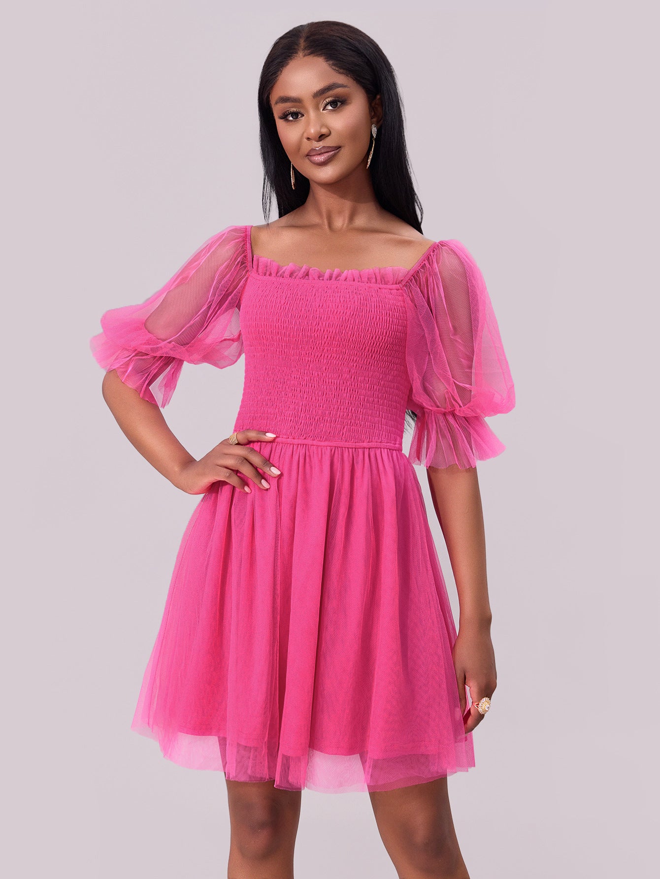 Women Formal Dress Off Shoulder Long Sleeve Pleated Mesh Dress 3