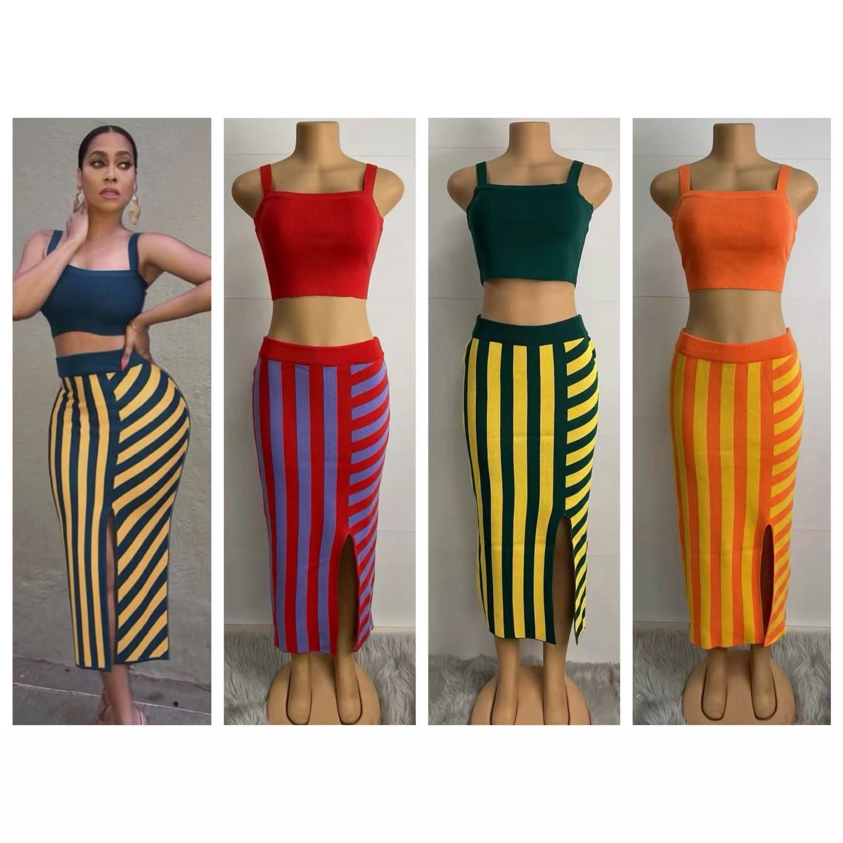 Sexy Fashion Knitting Low-Cut Tank Top Ultra-Short Skirt Set 6