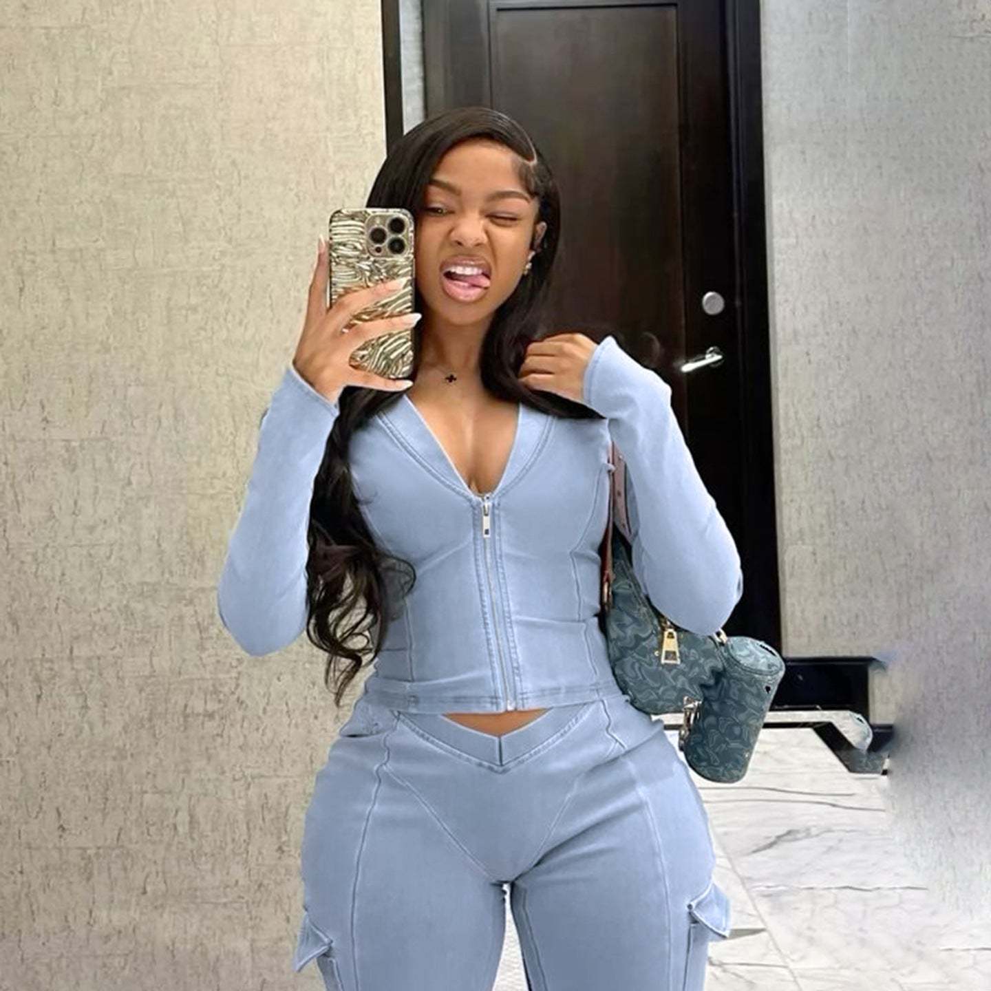 Women Casual Knitting V-Neck Long-Sleeved Zippered Hoodies and Sweatpants Two-Piece Set 3