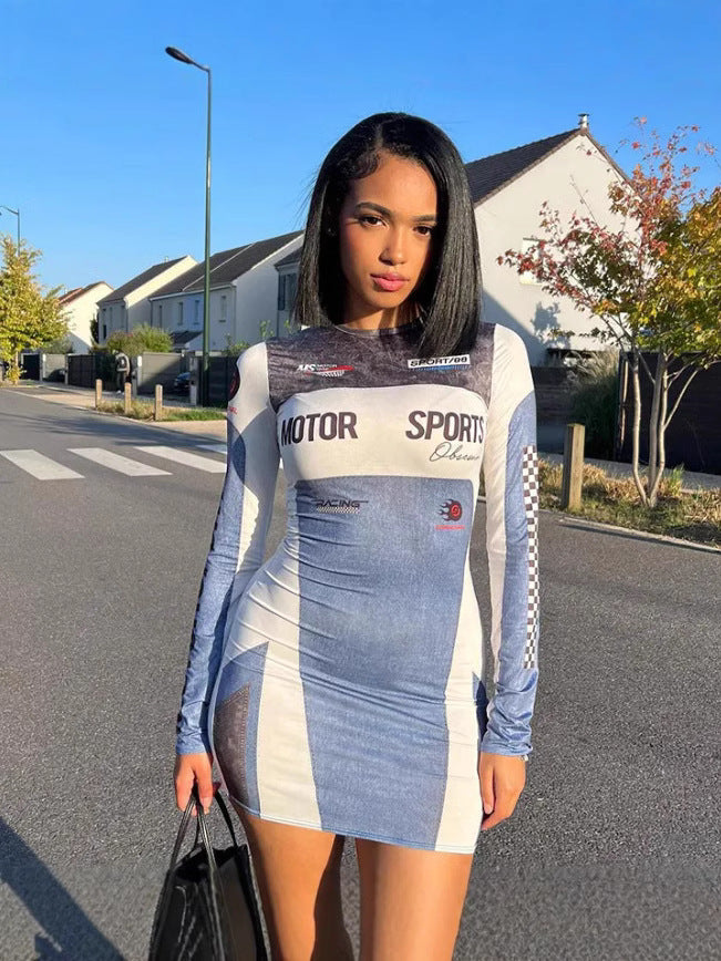 Women's Fashion Casual Sports Print Long Sleeve Round Neck Sexy Bodycon Dress 4